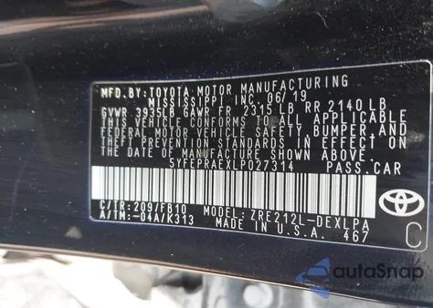 2020 Toyota Corolla Le z USA, uszkodzony, nr VIN 5YFEPRAEXLP027314